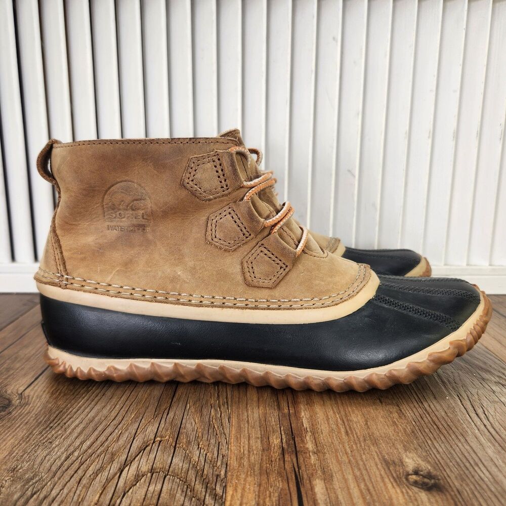 Sorel Out N About Duck Boots Women's 10 Elk Brown Black Waterproof Ankle Vulcan